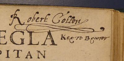 Cotton's inscription, from the titlepage of F. Nuestro, Milicia, discorso, 1595, British Library 534.e.8(2)
